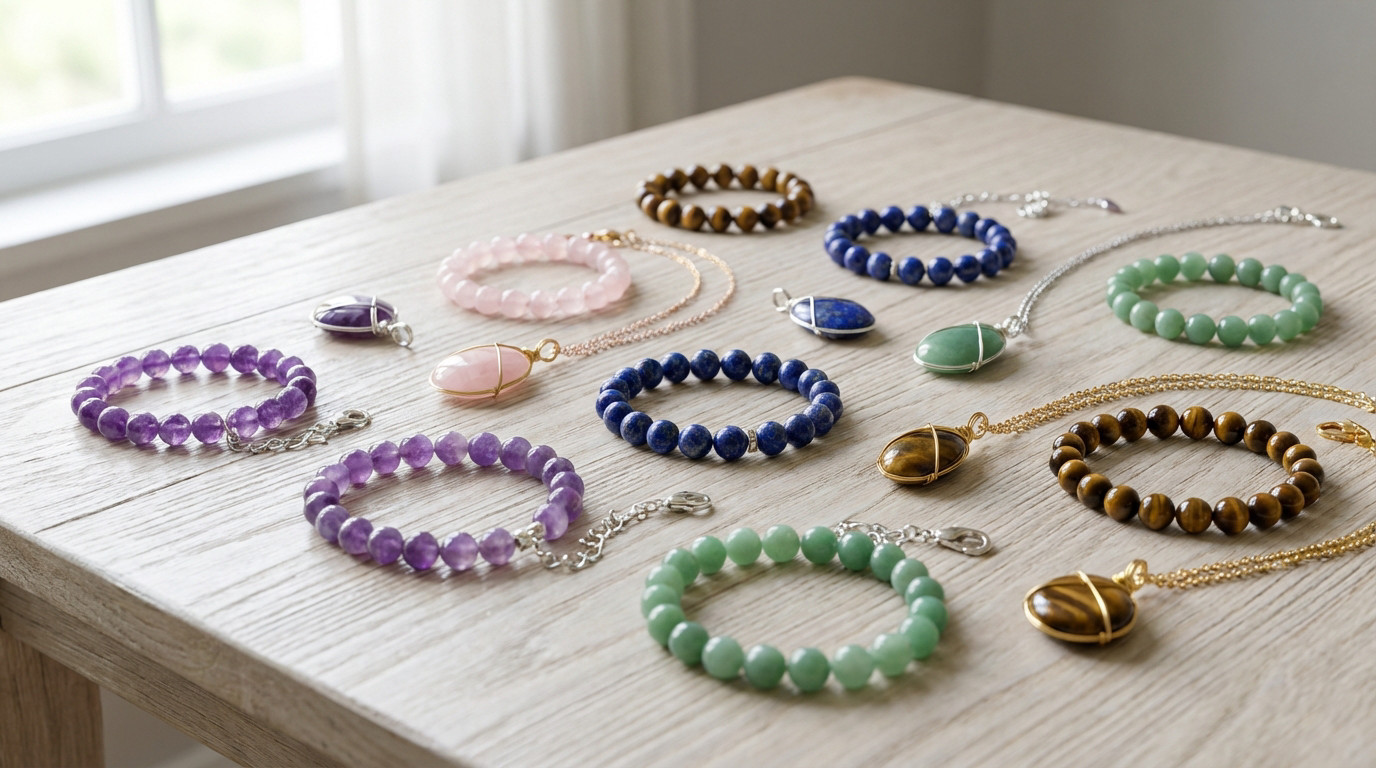 Arrangement of natural stone bracelets and necklaces: amethyst, rose quartz, lapis lazuli, aventurine, tiger's eye on wood.